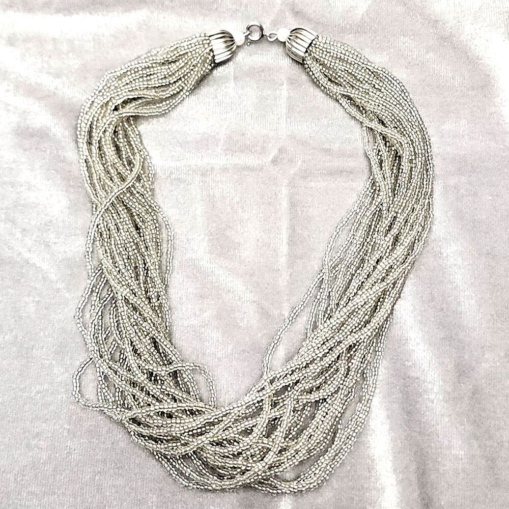 Classic Dress Metallic Silver 24-Strand Glass Seed Bead Statement Necklace 17"
